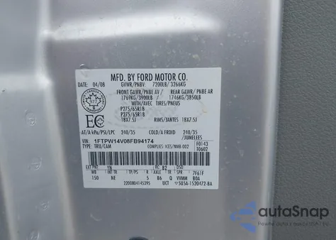 2008 Ford F-150 60Th Anniversary/Fx4/King Ranch/Lariat/Xlt из США, поврежденный, VIN 1FTPW14V08FB94174